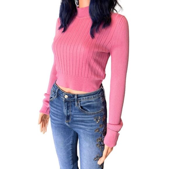 TOME Pink Ribbed Mock Neck Merino Wool Blend Crop Sweater - Picture 3 of 7